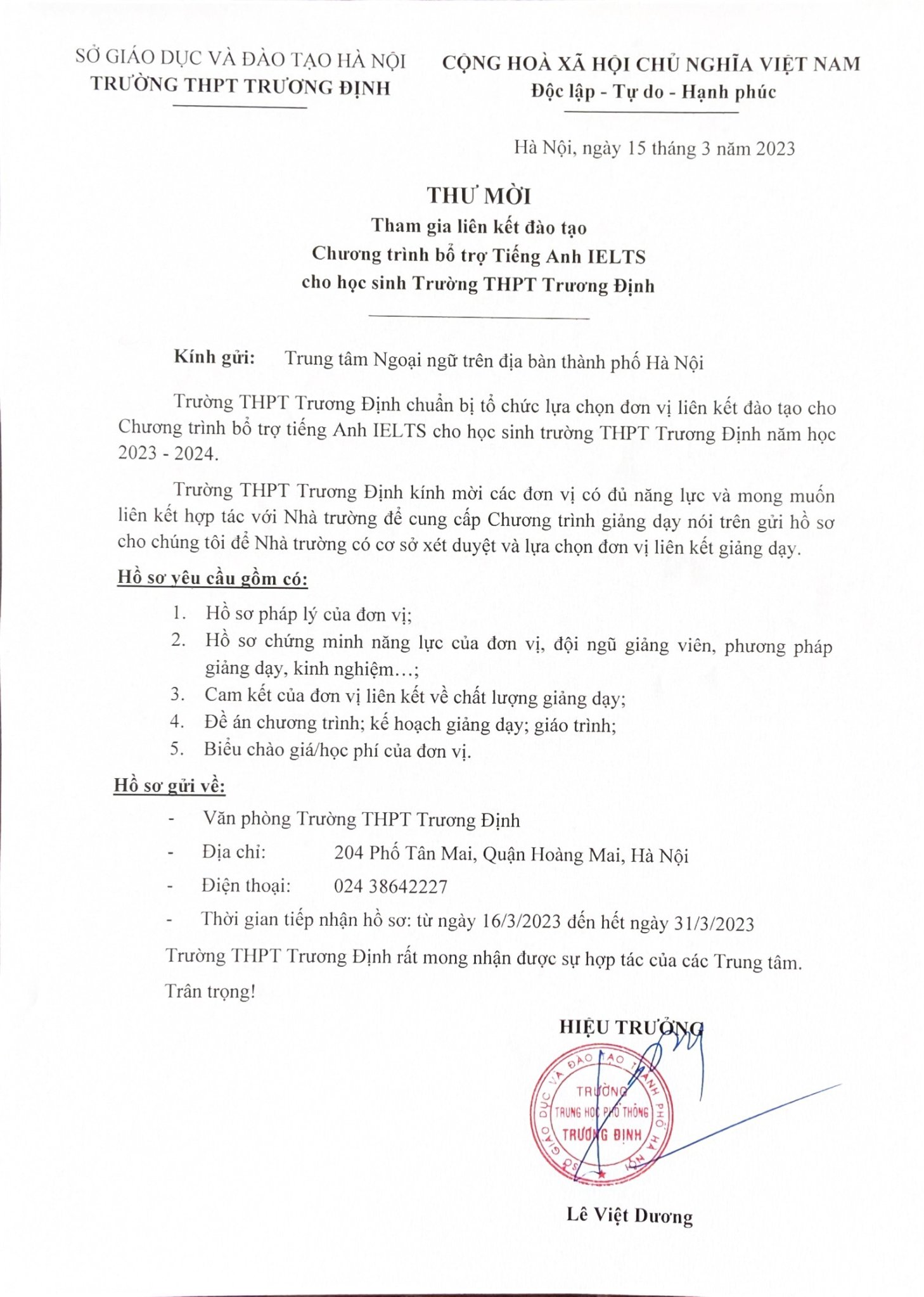 Thư mời tham gia liên kết đào tạo chương trình bổ trợ Tiếng Anh IELTS cho học sinh Trường THPT Trương Định
