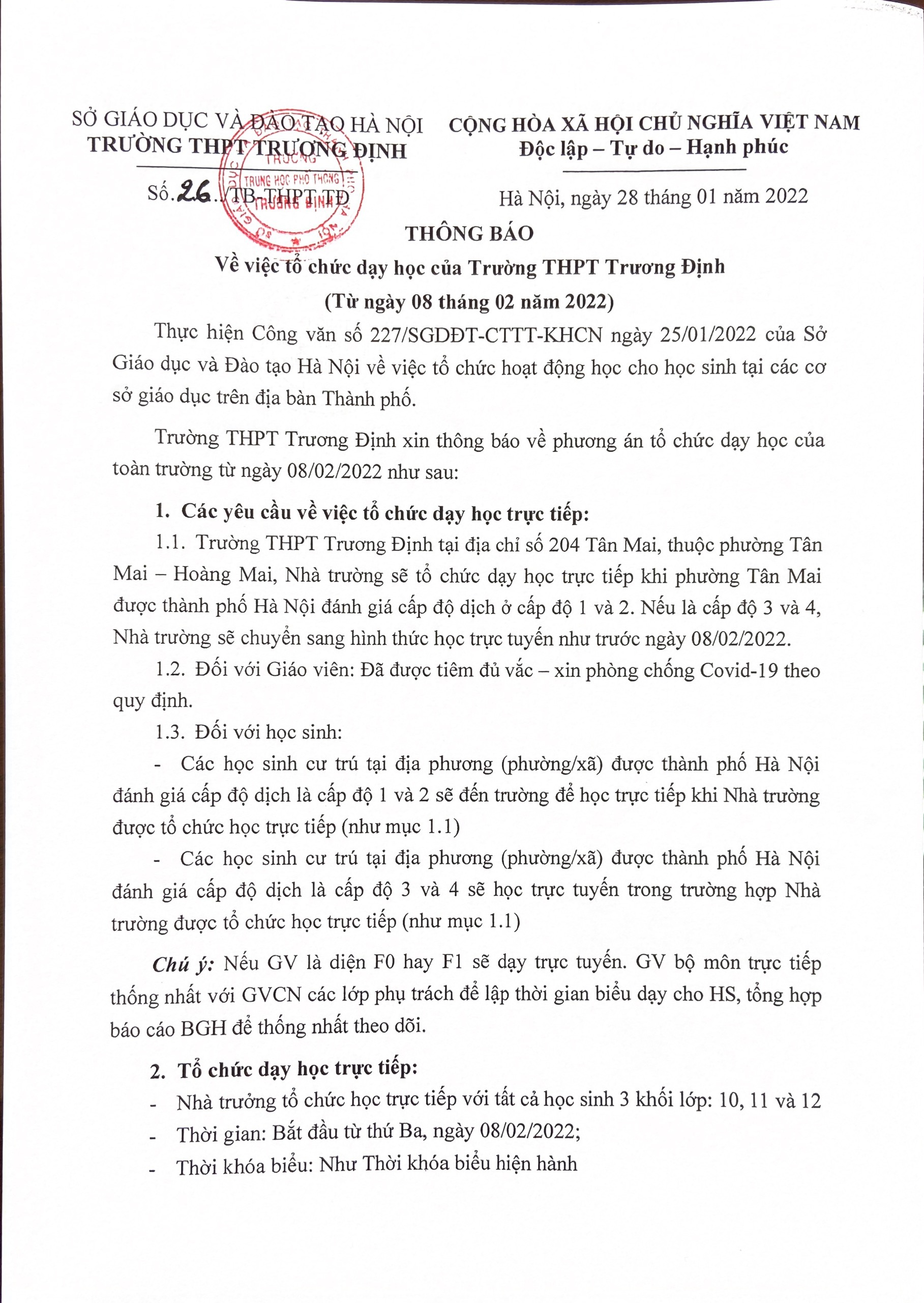 Thông báo về việc tổ chức dạy học của trường THPT Trương Định (Từ ngày 8/2/2022)