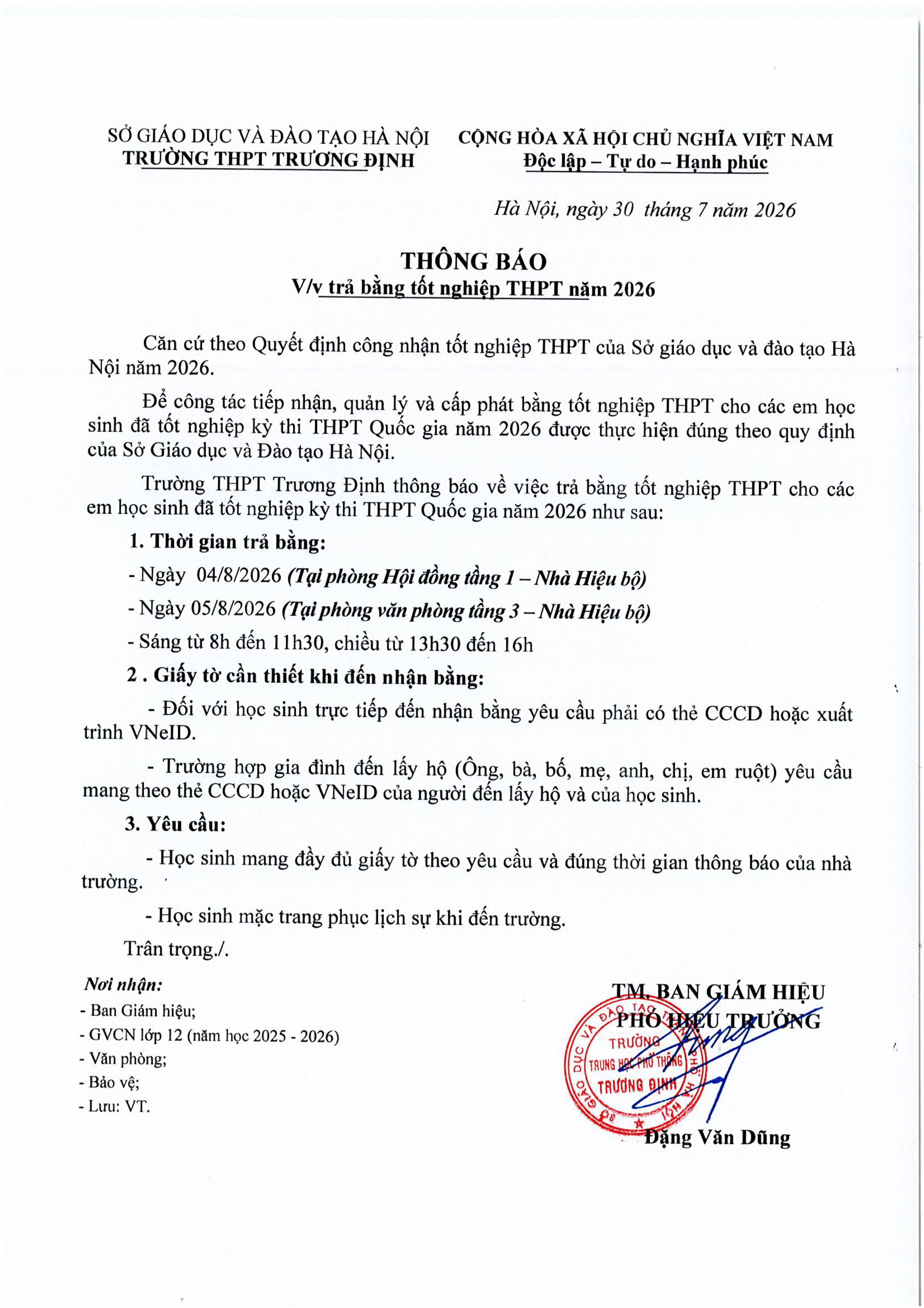 Thông báo phát bằng tốt nghiệp 2026