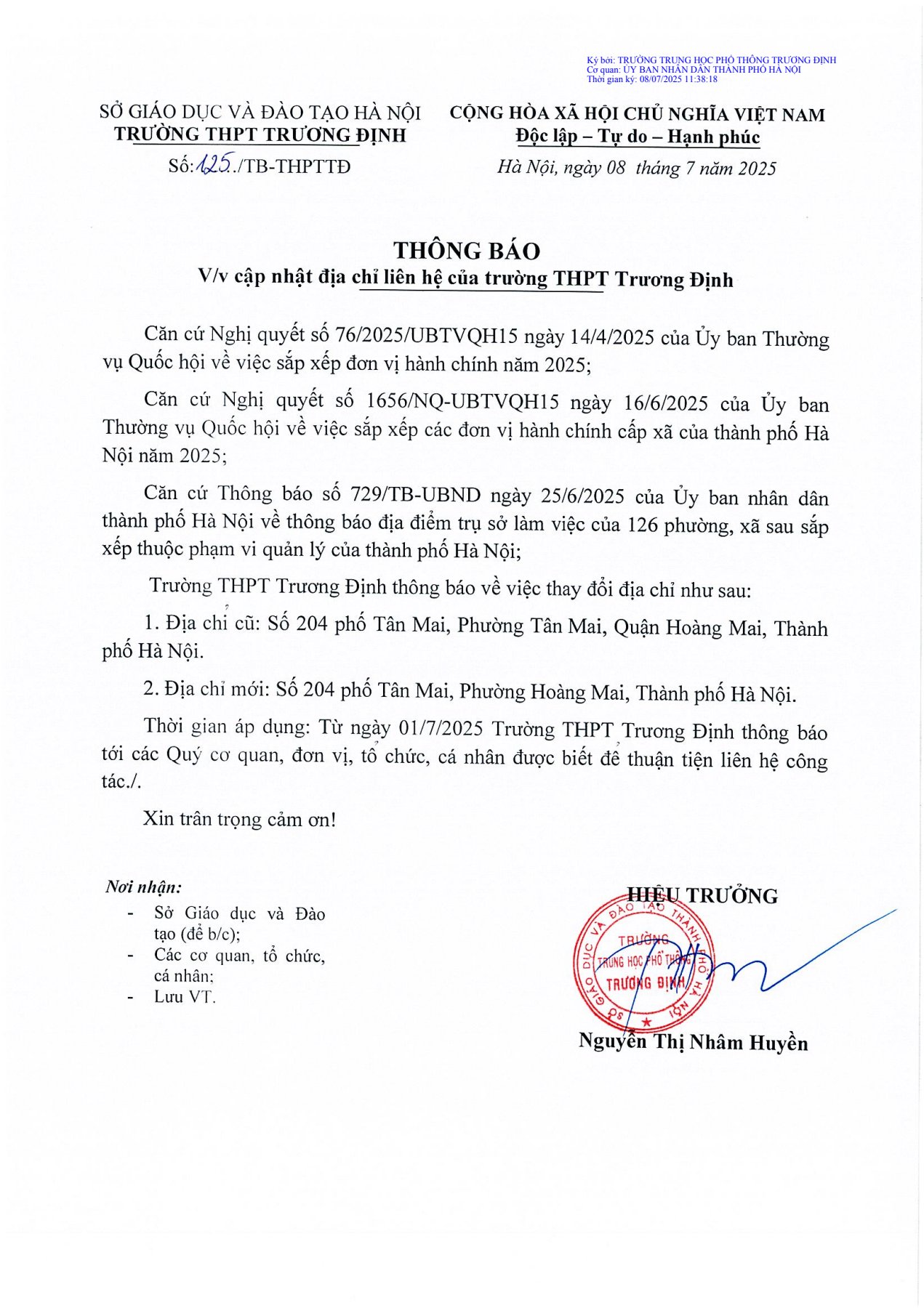 Thông báo thay đổi địa điểm sau sáp nhập 01/7/2025