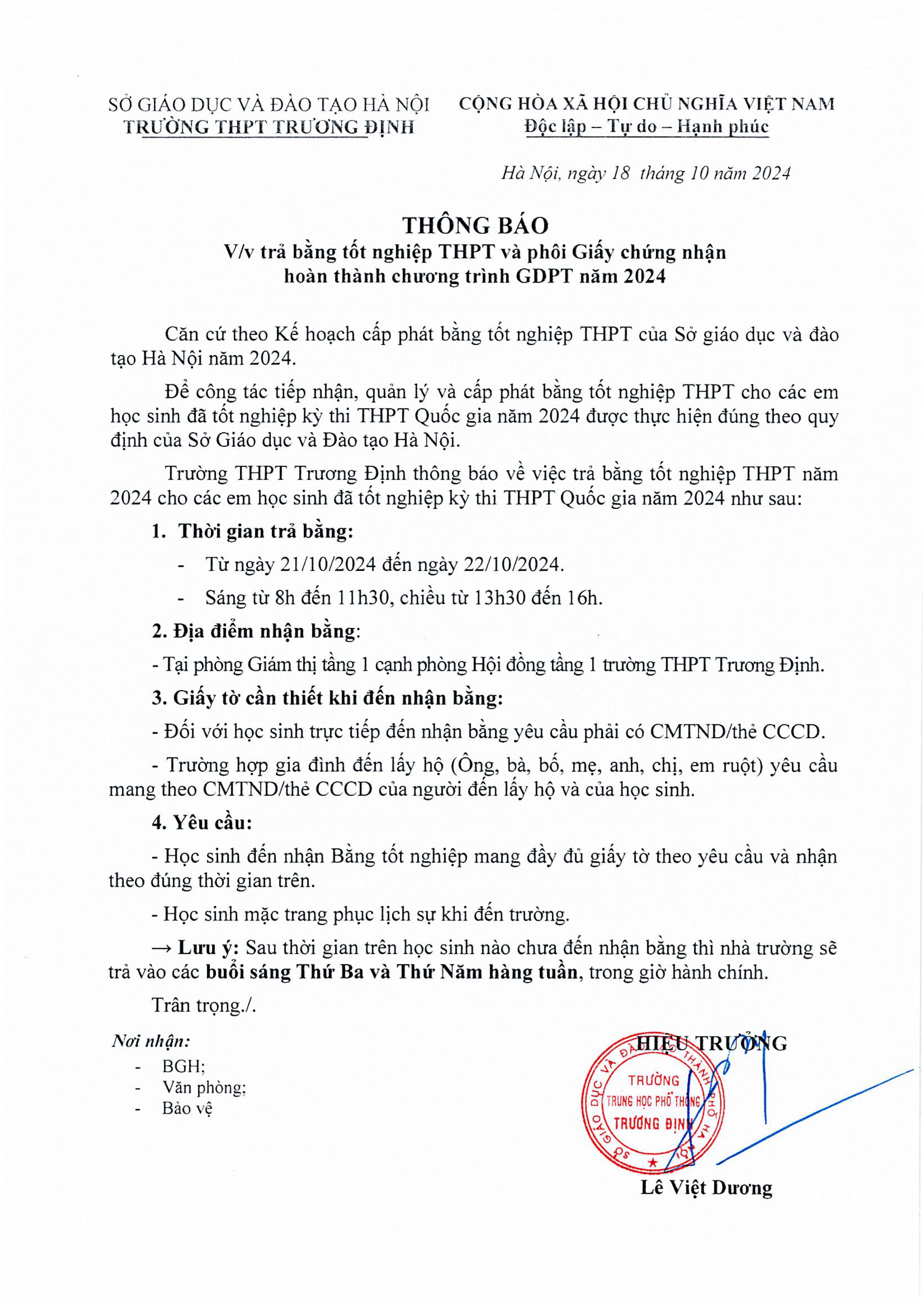 Thông báo trả bằng tốt nghiệp THPT 2024