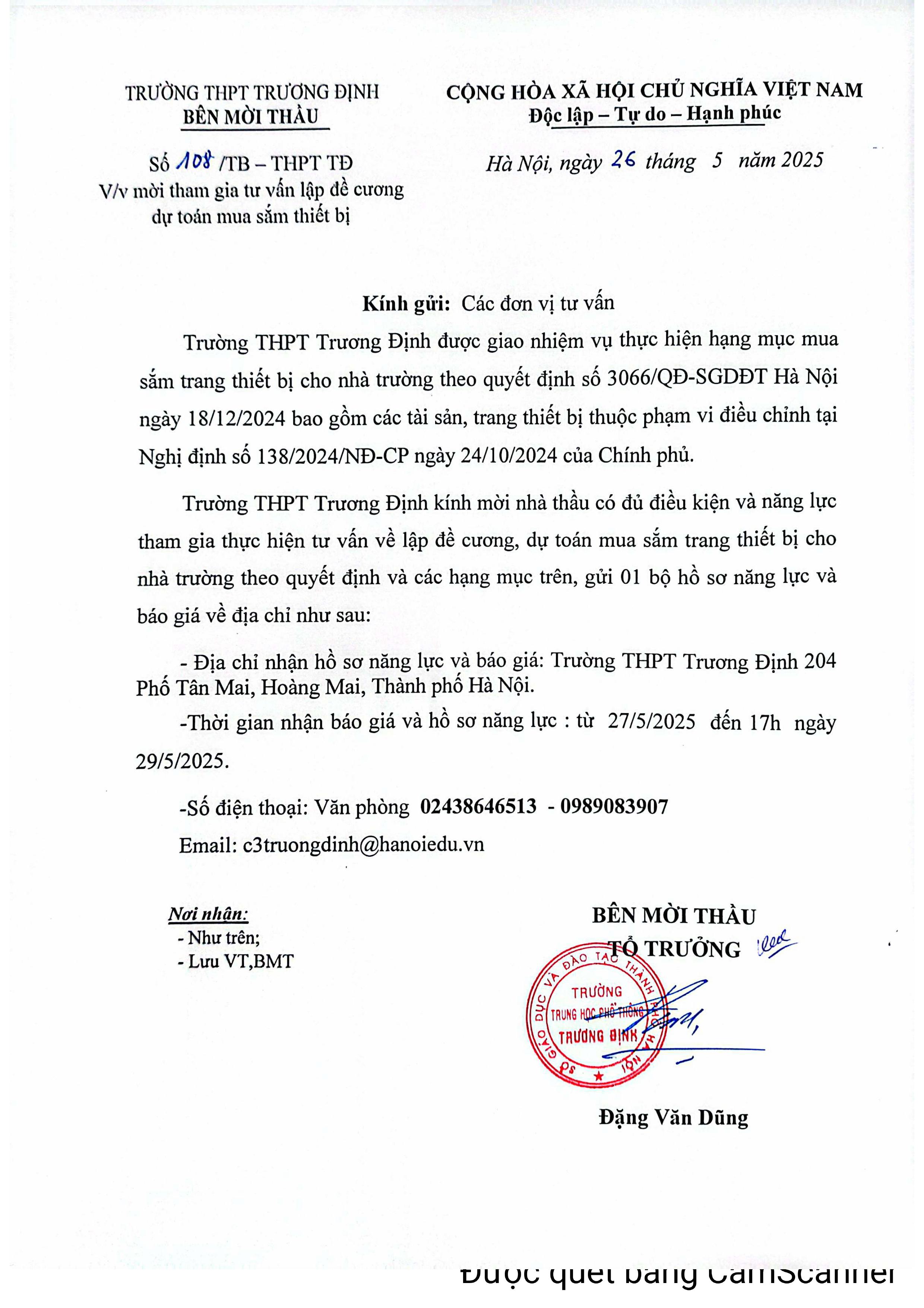 Thư mời tư vấn lập đề cương dự toán mua sắm thiết bị