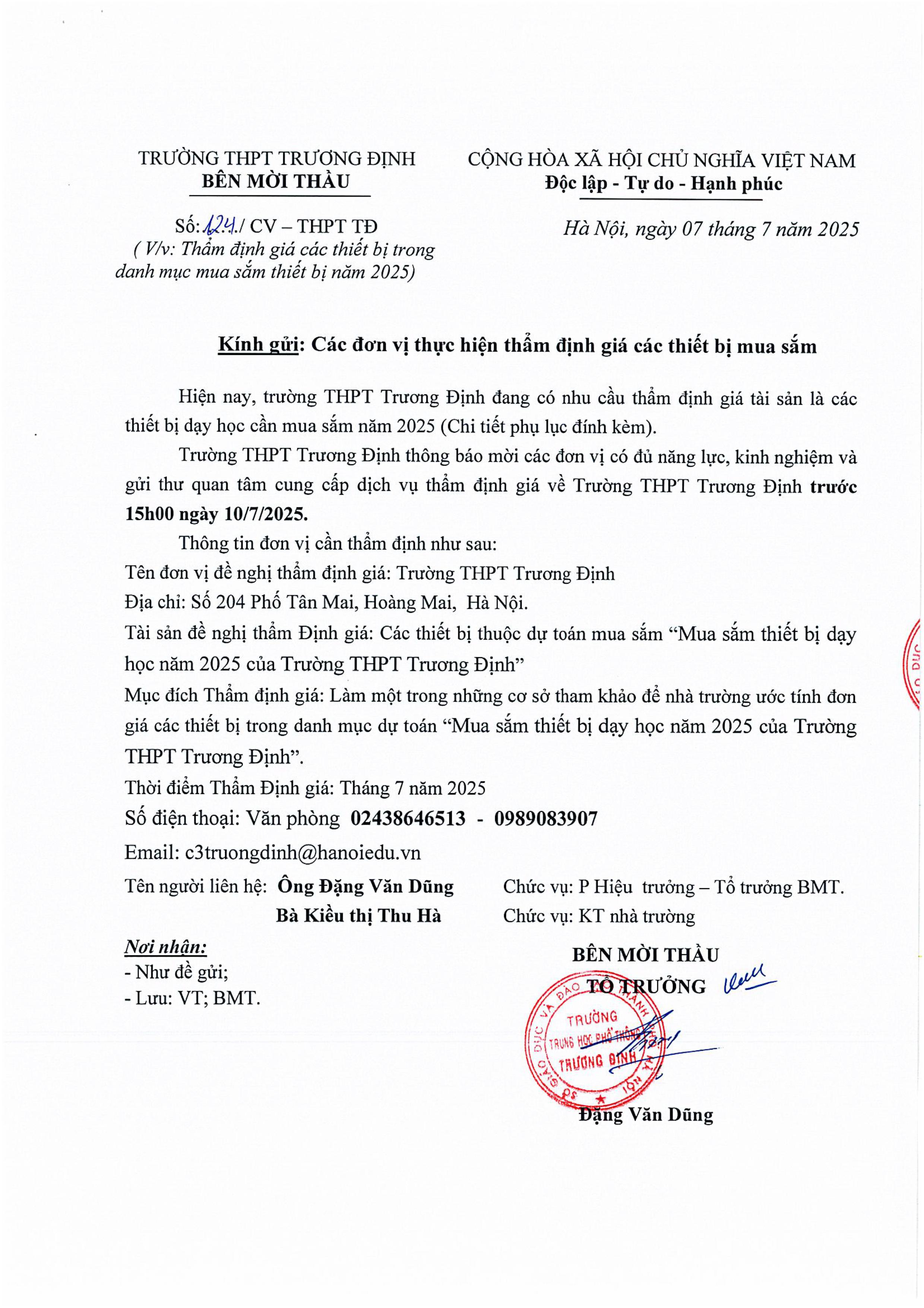 Thư mời tư vấn thẩm định giá